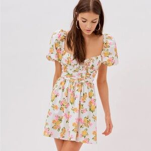 For Love & Lemons White Floral Puff-Sleeve Mini Dress with Pink & Yellow Blooms